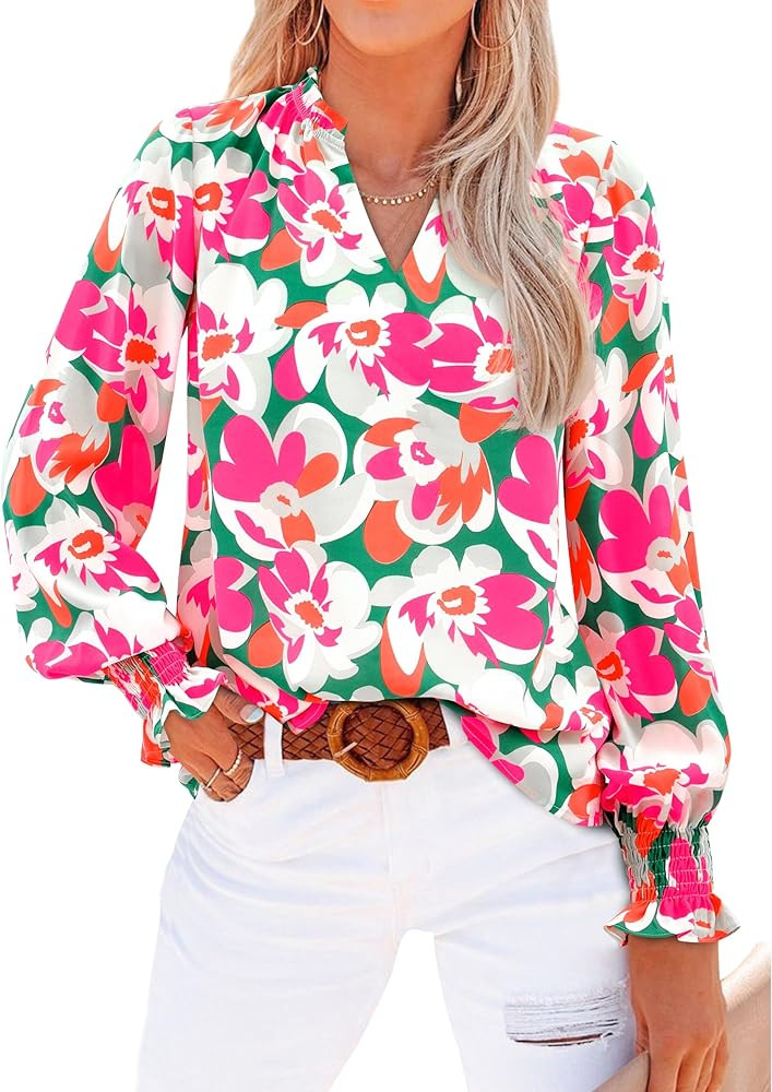 MASCOMODA Womens V Neck Floral Long Sleeve Tops 2026 Summer Casual Loose Puff Sleeve Chiffon Boho... | Amazon (US)