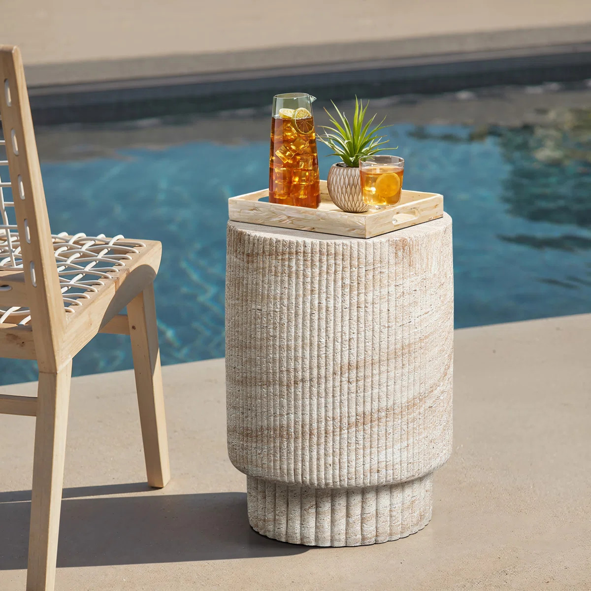 Faux Travertine MgO Patio Side Table, Sculptural Outdoor Accent Table | Wayfair North America