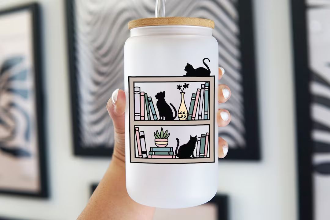 cats on bookshelf 16oz iced coffee cup frosted libbey glass soda can cat lover book lover book ne... | Etsy (US)