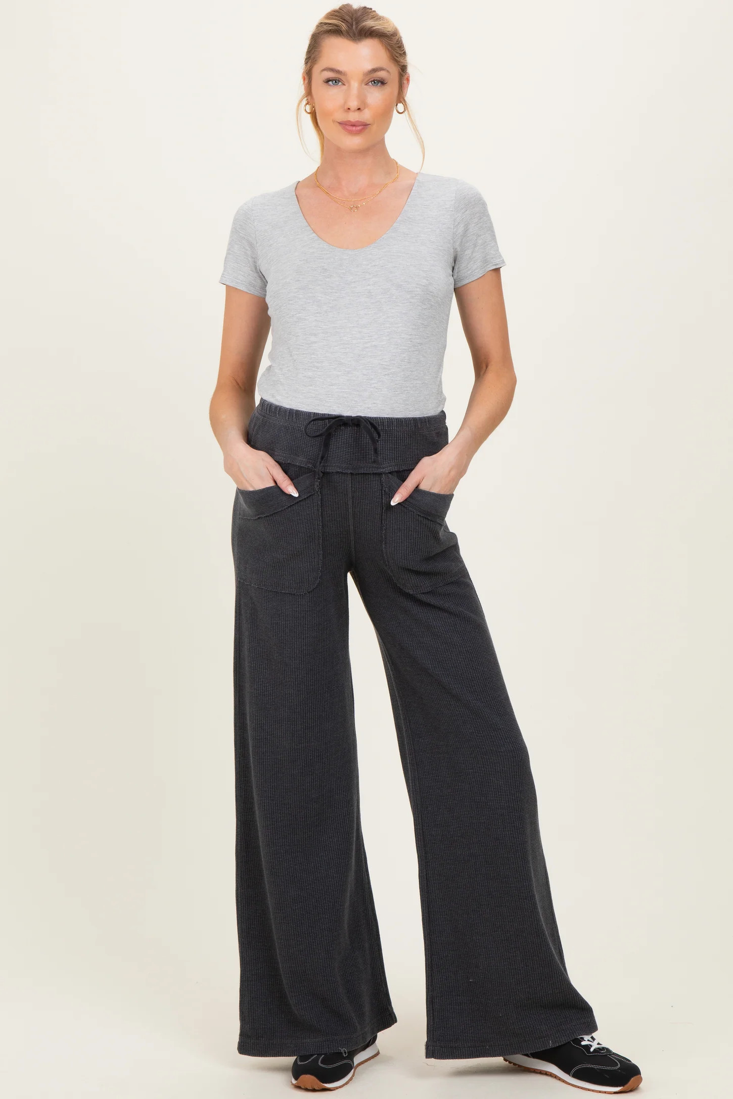 Olive Mineral Wash Waffle Knit Wide Leg Maternity Pants | PinkBlush Maternity