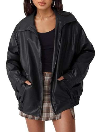 hathne Women's Oversized Faux Leather Jacket Long Sleeve Zip Up Motocycle Bomber Jackets Coats Outerwear(Black,XL) | Amazon (US)