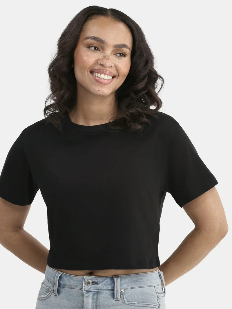 No Boundaries Cropped Boxy Cotton Tee with Short Sleeves, Women's | Walmart (US)