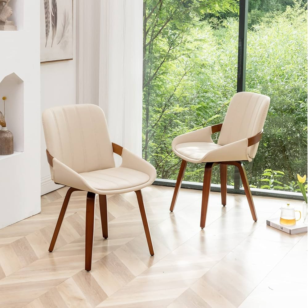 YOUUGIOR Mid Century Modern Beige Faux Leather Upholstered Dining Chairs Set of 2,Armless Accent ... | Amazon (US)