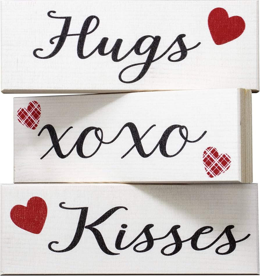 JennyGems Happy Valentines Day Decorations, Hugs and Kisses Valentines Sign, 3 Pieces Wooden Bloc... | Amazon (US)