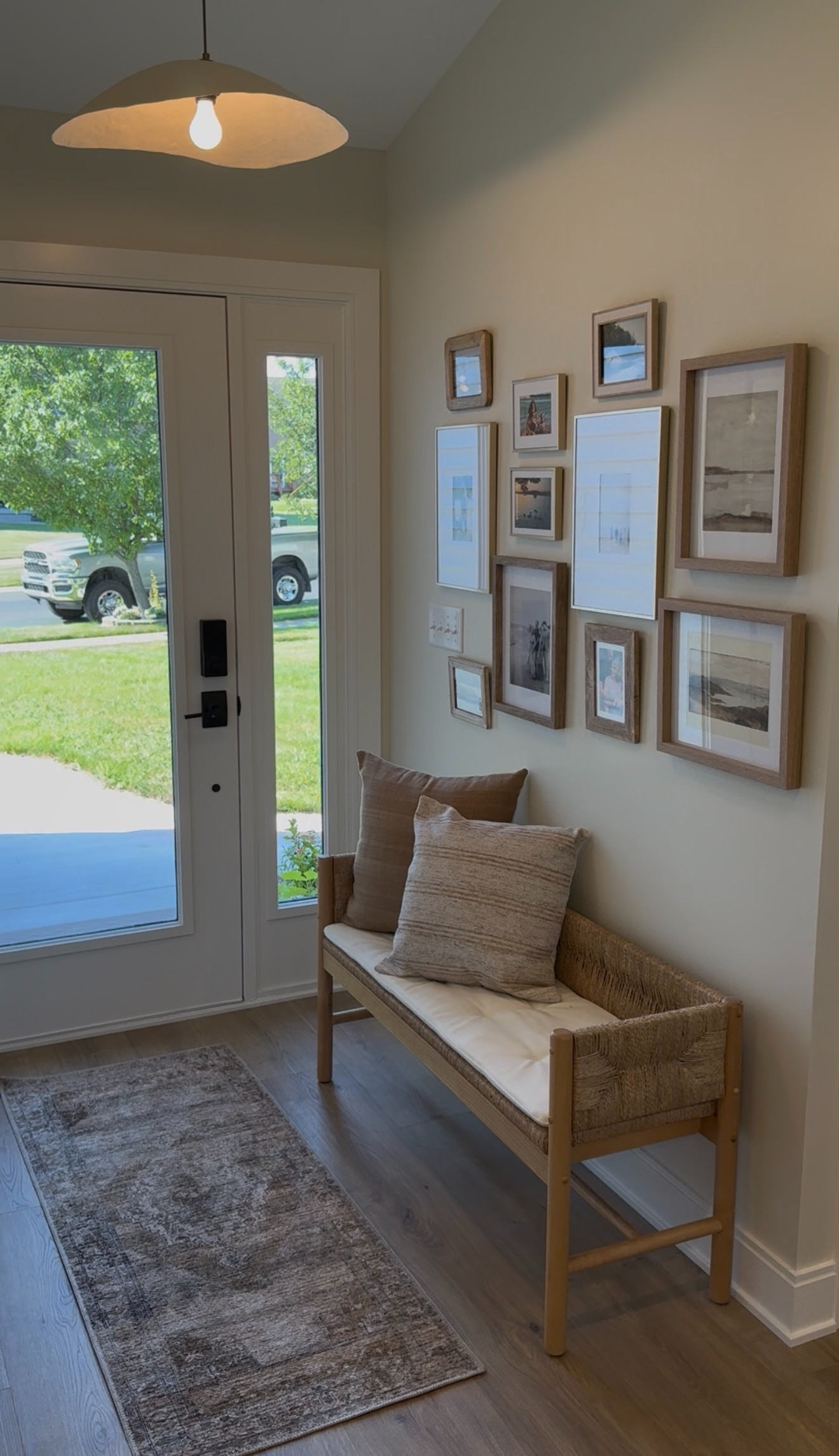 As we built out our design studio, we wanted as much attention on the entrance as the rest of the space. 

The bench is a great (and affordable) Target find, with a rug and light fixture that add additional character and texture.  

 #LTKdayinmylife #LTKHome #LTKSaleAlert