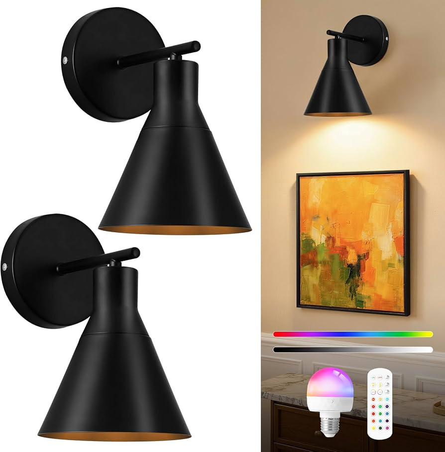 Modern Wireless Battery Operated Wall Sconces, Black Rechargeable Cordless LED Wall Lights Set of... | Amazon (US)