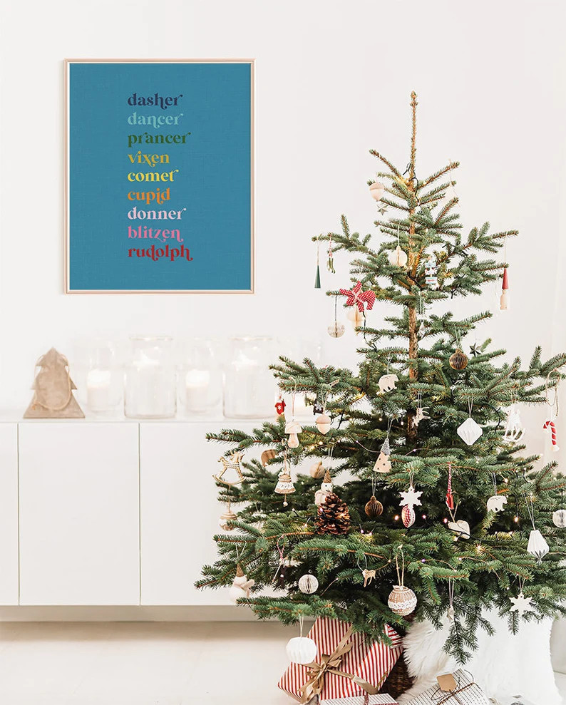 Colorful Reindeer Names on Blue Background Art Print - Etsy | Etsy (US)