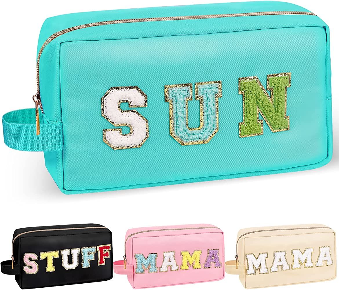 Chenille Letter Makeup Bag Sun Pouch, Nylon Preppy Patch Makeup Bag Small Travel Makeup Zipper Po... | Amazon (US)