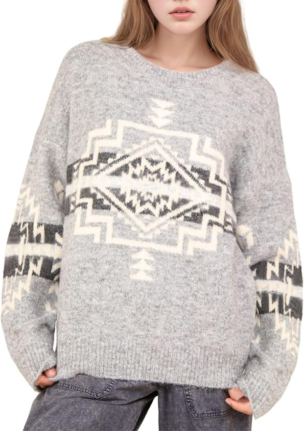 Womens Loose Fit Argyle Graphic Aztec Western Sweater Long Sleeve Crewneck Pullover Tops | Amazon (US)