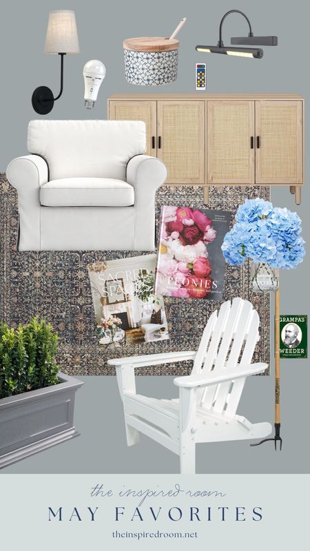 The Inspired Room follower's favorites from the amazon shop in May! Rattan sideboard buffet, blue hydrangeas, white folding Adirondack chair, slipcover for ikea ektorp chair, wall sconce with rechargeable bulb, battery operated library light, sugar jar, patterned rug and more! 

#LTKstyletip #LTKsalealert #LTKhome