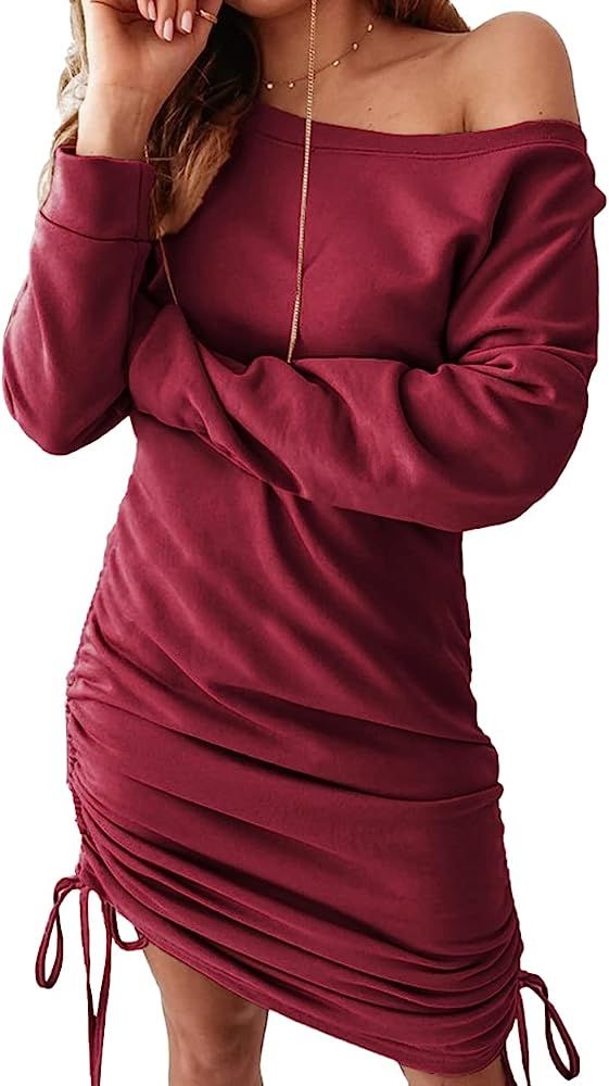 BTFBM Women Casual Long Sleeve Short Dresses Solid Color Relaxed Fit Ribbed Knitted Dress Ruched ... | Amazon (US)