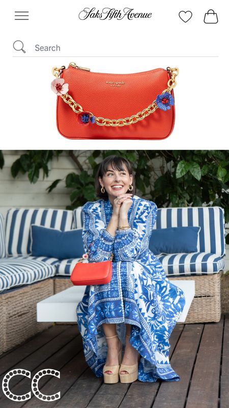 I love everything about this little red bag with leather flowers on the chain. It's perfect with my blue floral dress from @Saks. I'm 5'4" and wear a size 0. I have a xxs in this dress. #Saks #SaksPartner 