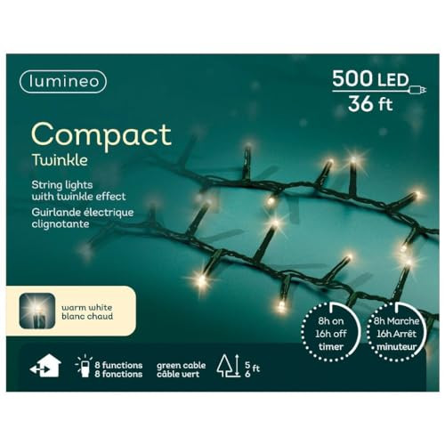 Lumineo 500 LED Warm White Christmas Compact Lights Set, Green Wire, Timer Included, 8 Functions | Amazon (US)