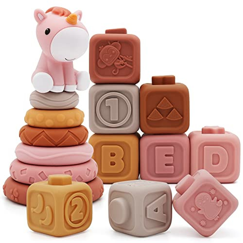 Nueplay 13 Pcs Building Circle & Blocks, Stacking & Nesting Baby Toys with Horse Figure, Newborn Essentials Squeeze Teething Toy Gifts for 6 12 18 Months Baby Toddler Girls | Amazon (US)