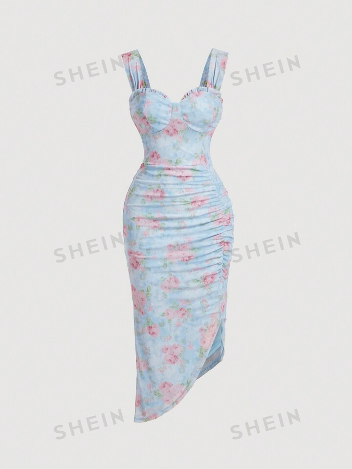SHEIN MOD Women's Floral Print Wide Strap Tight-Fitting Sweet And Elegant Summer Dress With Irreg... | SHEIN