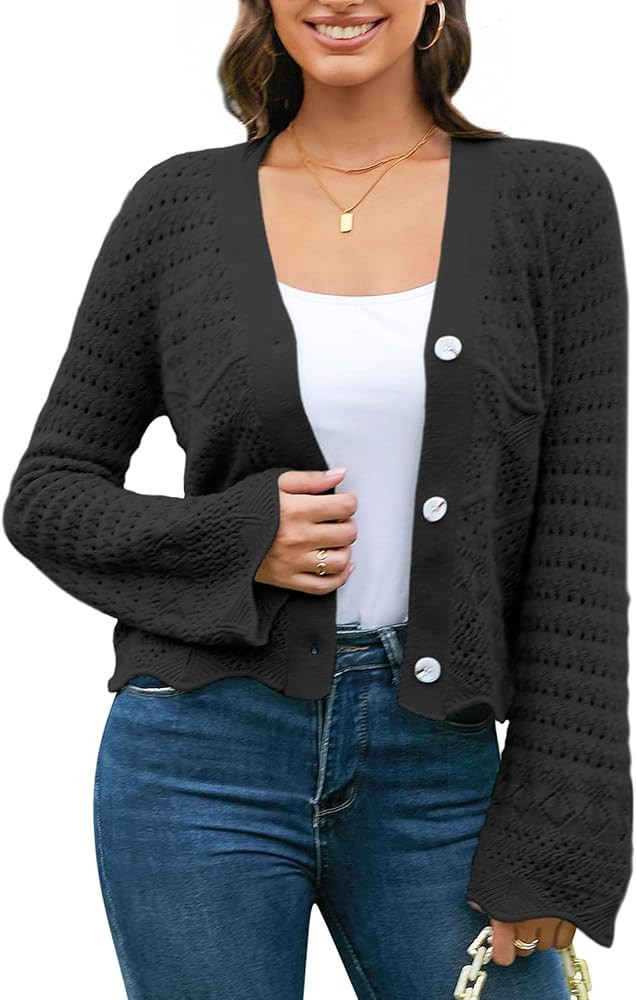 V FOR CITY Womens Cropped Cardigan Sweaters Crochet Cardigans Bell Sleeve Knit Bolero Shrug V Nec... | Amazon (US)