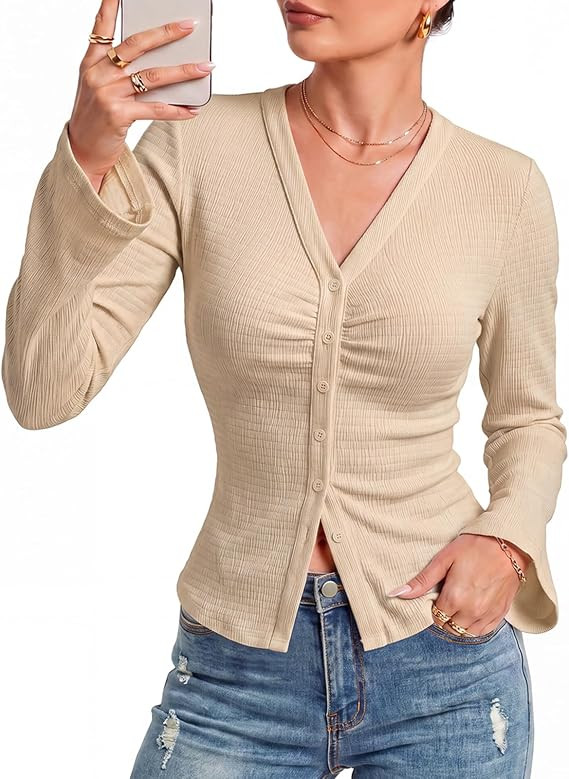 Arolina Women Button Down Ruched Blouse Long Sleeve Y2K Top | Bell Sleeve, V Neck, Business Casua... | Amazon (US)