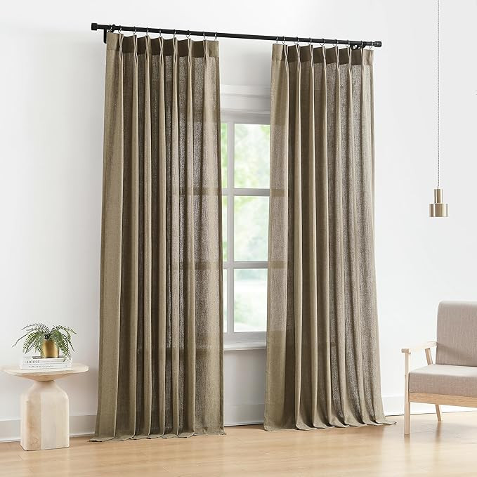 Vision Home Brown Pinch Pleated Semi Sheer Curtains Textured Linen Blended Light Filtering Window... | Amazon (US)