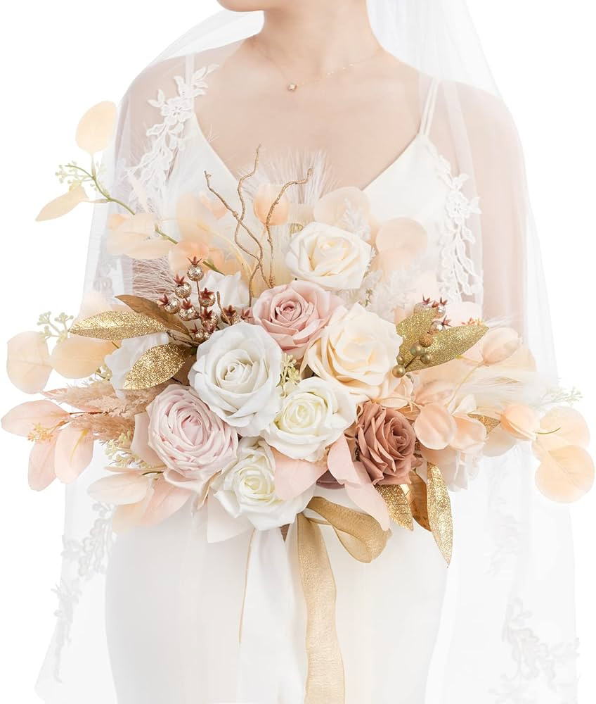 Ling's Moment Boho Wedding Bouquets for Bride, White Beige and Gold Bridal Bouquets for Bride, 15... | Amazon (US)