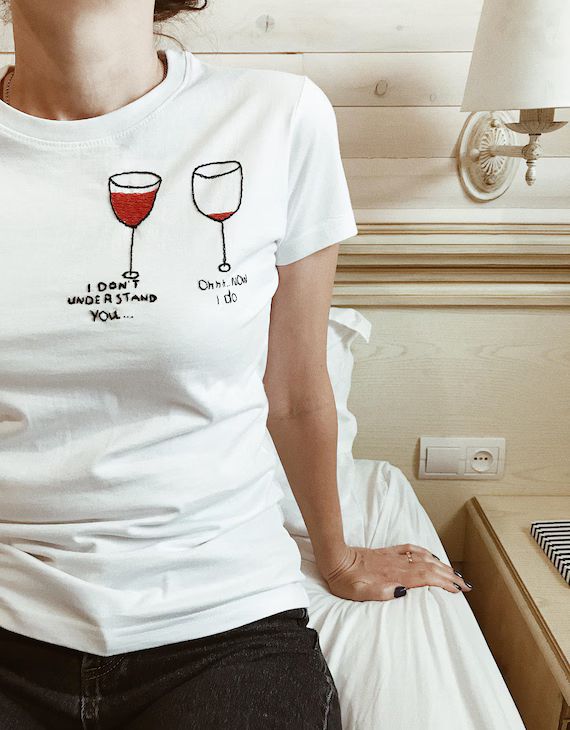 Wine Hand Embroidered Women's T-shirt Autumn Slogan | Etsy | Etsy (US)