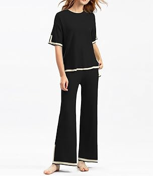 OSACOD Sweater Sets 2 Piece Outfits Women Lounge Sets Short Sleeve Knit Sets Pullover Tops Wide L... | Amazon (US)