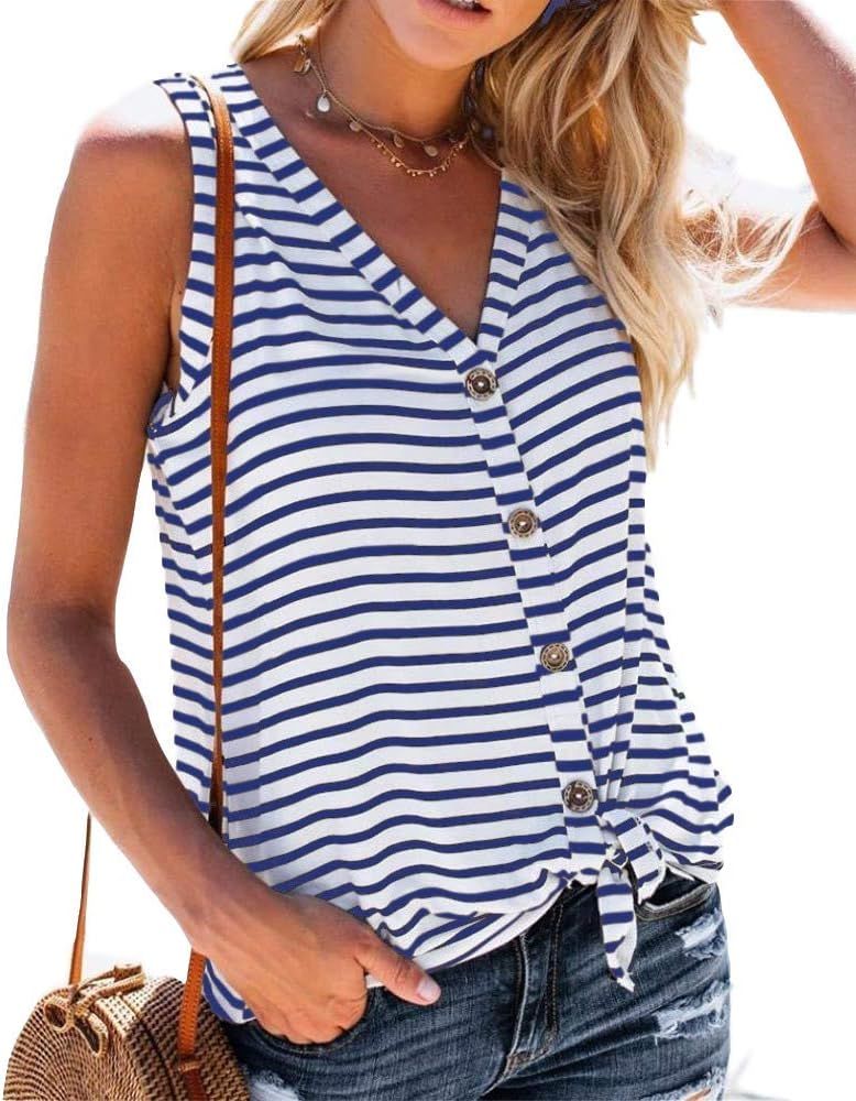 Womens Tank Tops Button Down Striped Sleeveless Tie Front Summer Casual V Neck Tunic Shirts | Amazon (US)