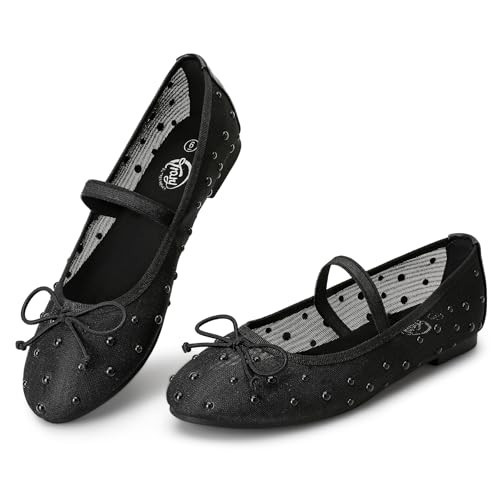 Trary Mesh Black Flats for Women Round Toe Ballet Flats with Pearls Mary Jane Shoes Women with Bowknot and Elastic Strap, Comfortable Dress Shoes for Wedding Party Casual Wear, Size 8 | Amazon (US)