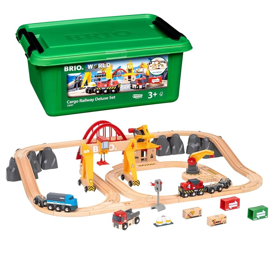 BRIO World Cargo Railway Deluxe - Wooden Track Train Set - Battery-Powered Engine, 3 Cranes, Brid... | Amazon (US)