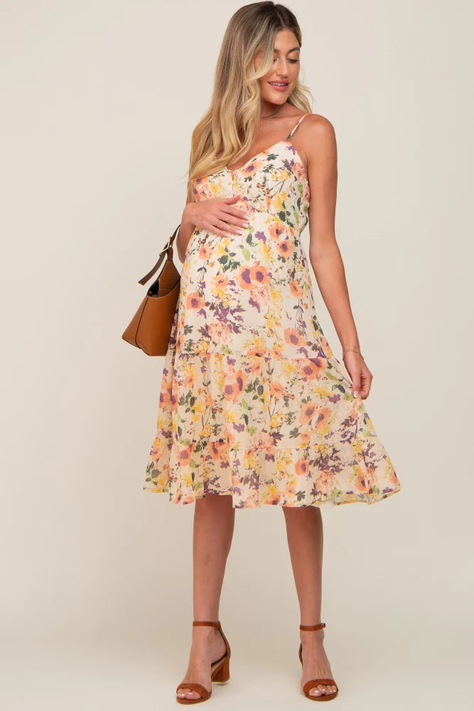 Peach Floral Button Tiered Maternity Midi Dress | PinkBlush Maternity