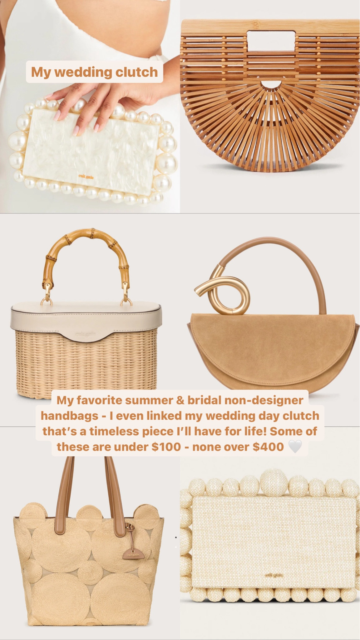 I have put together some of my most favorite NON-DESIGNER handbags that are great for 1.) Brides (I included my wedding day clutch and it fits your phone and more!) 2.) Great options for summer/poolside vibes 🩵🤌 ALL UNDER $400 sign up to get a discount on the bags just over $400 - THEY ARE WORTH IT!

You will not believe how amazing Dolce Vita handbags are! They are so affordable they are so versatile and they look like they are hundreds and hundreds of dollars, but most of them are under $100!

Cult Gaia handbags are absolutely STUNNING they are SHOW STOPPERS! Everyone will be asking you where you got your bag from - trust me! The pearl clutch was my wedding day clutch and it was PERFECT & elegant. It’s a timeless bag that will last a lifetime! 

You must shop these! I have two of their handbags and I absolutely love them. The quality is just as good as a designer bag. 

If you have any questions, please DM me ! I’m only the ones I would recommend! 🩵

The pearl bags are so wonderful for brides!

Xoxo,
CeCe 🙏

#LTKHandbags #Bridal #BRIDES #LTKWork #GoodVibes #GetItBeforeItsGine #LTKMidSize  #Accessories #Diamonds #LTKWorkWear   

#LTKWedding #LTKItBag #LTKFindsUnder100