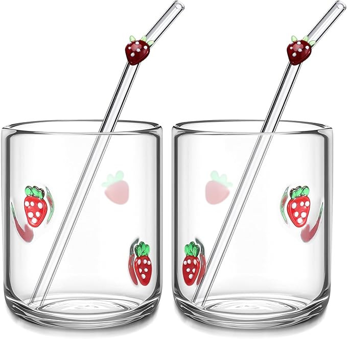 Skylety 2 Set Strawberry Icon Juice Glass Cups - Icon Glass Cup with 2 Straw 14 oz Double Old Fas... | Amazon (US)