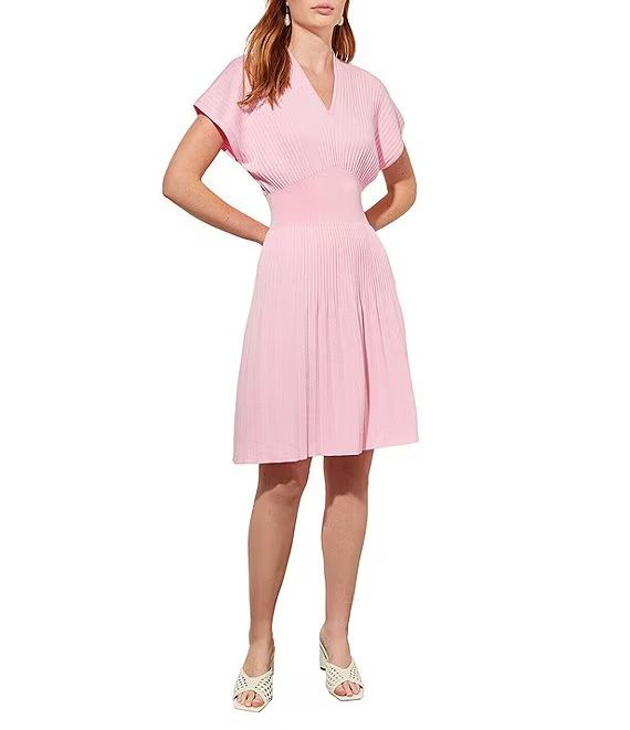 Pleated Knit V-Neck Short Dolman Sleeve A-Line Dress | Dillard's