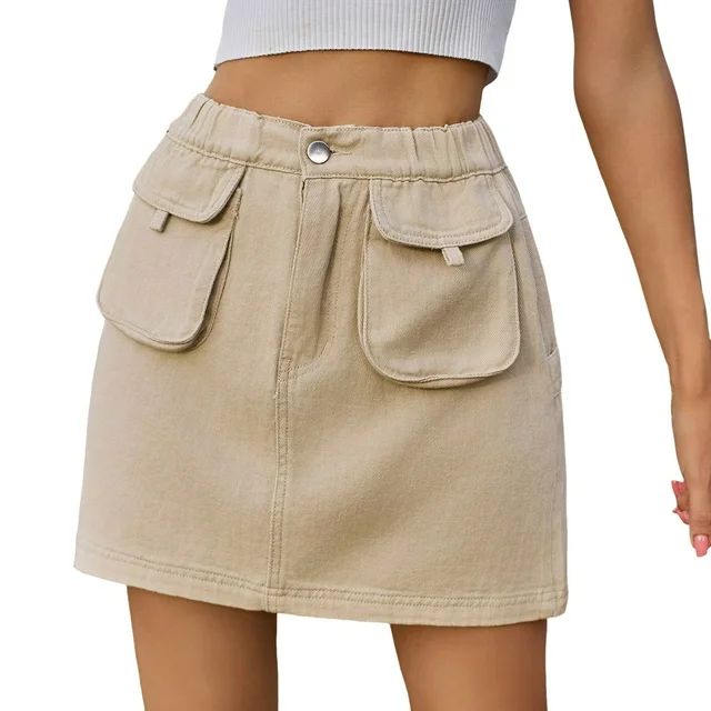 Women Skirts Soft Hip Hugging Denim Skirt Elastic Waist Cargo Pocket Denim Skirt Comfy Dailywear | Walmart (US)