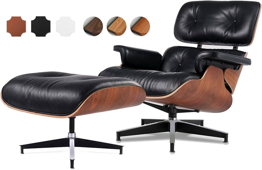 Top Black Grain Leather, Mid Century Chaise Lounge Chair and Ottoman, Leather Accent Chair, Moder... | Amazon (US)