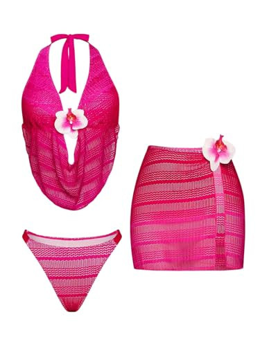 Verdusa Women's 3 Piece 3D Floral Halter Bikini Set Crochet Swimsuits with Beach Cover Up Skirt Hot Pink Medium | Amazon (US)