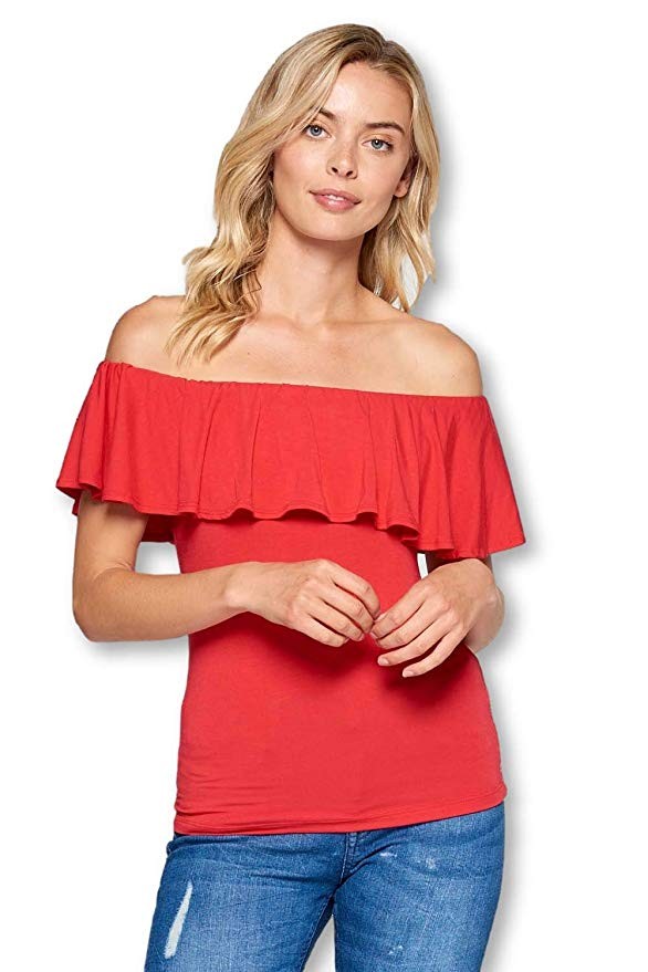 ReneeC. Women's Natural Bamboo Off Shoulder Ruffle Overlay Top Made in USA | Amazon (US)
