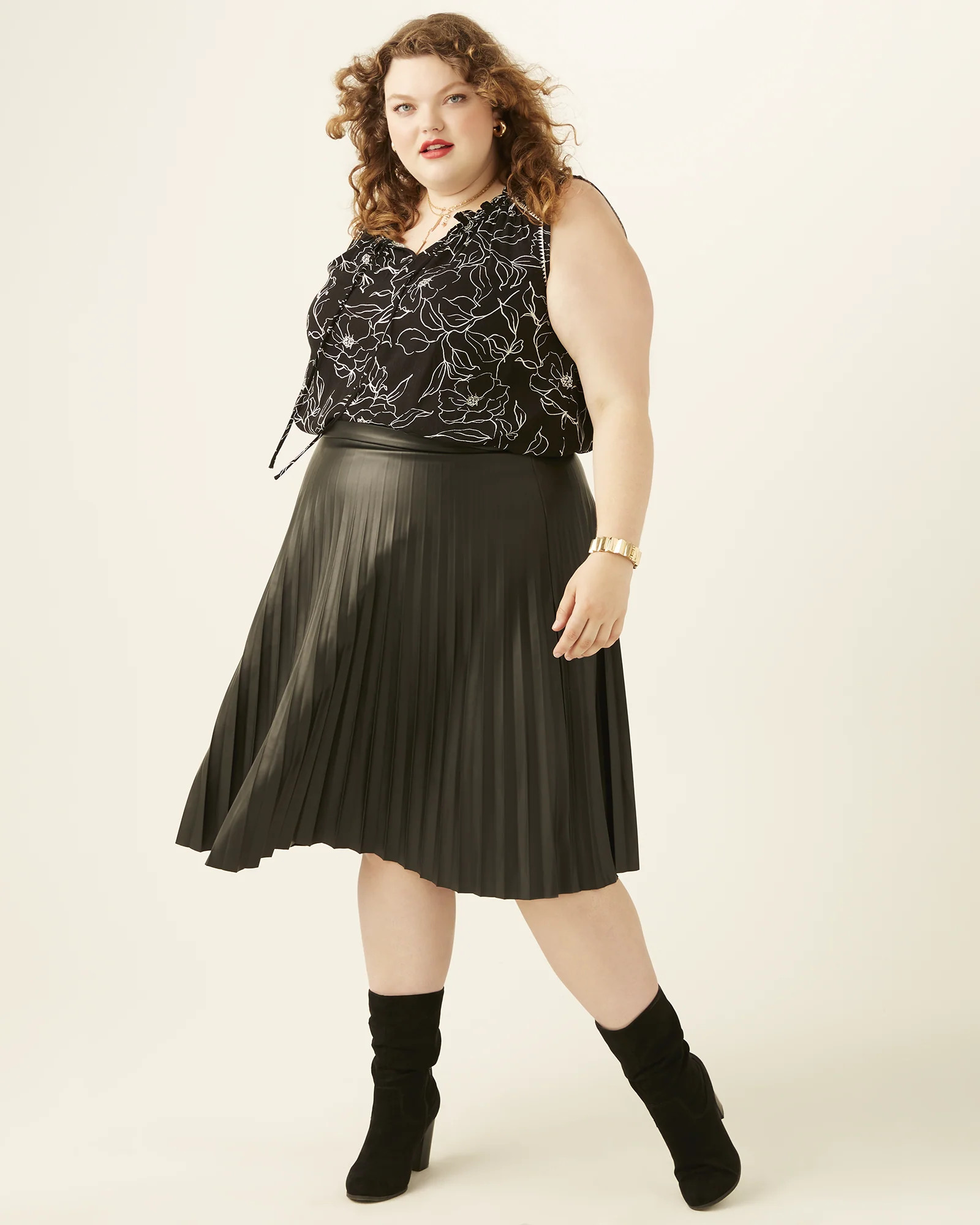 Bagatelle Peggy Faux-Leather Pleated Midi Skirt | Black | Women's Skirts | Dia & Co