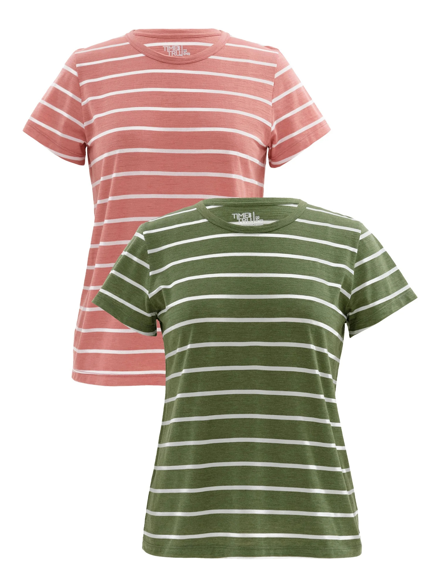 Time and Tru Womens Striped Short Sleeve Slub Crew Neck T-Shirt, 2-Pack | Walmart (US)