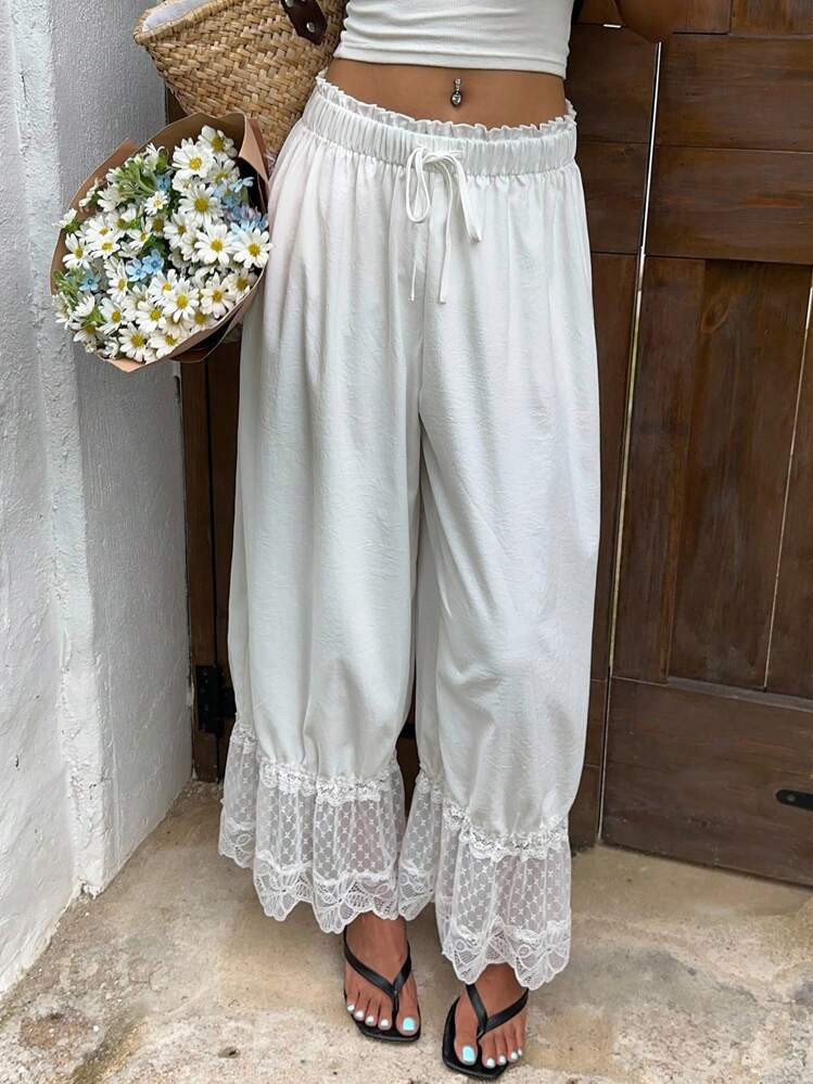 Sunnyshic Women Vintage Lace Puffed Long Pants Fall Cloth For Women | SHEIN