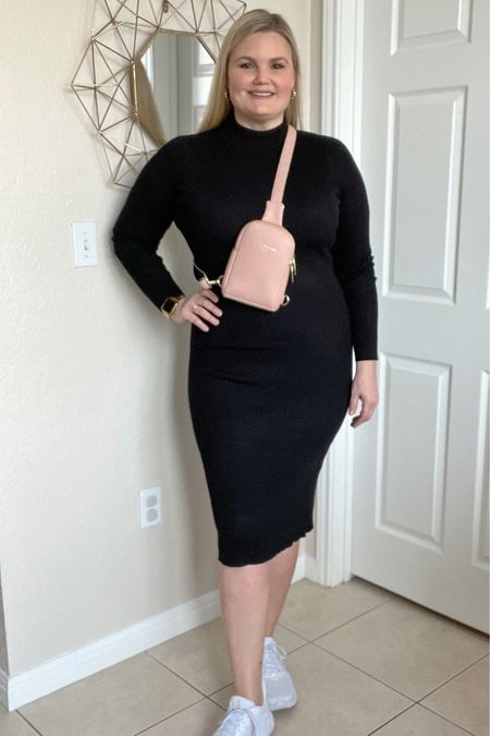 Black turtleneck bodycon sweater dress. Wearing the XL, could do a large. Fits true to size. Pink slingbag. Workwear. Casual outfit. Winter  

#LTKcurves #LTKstyletip #LTKworkwear