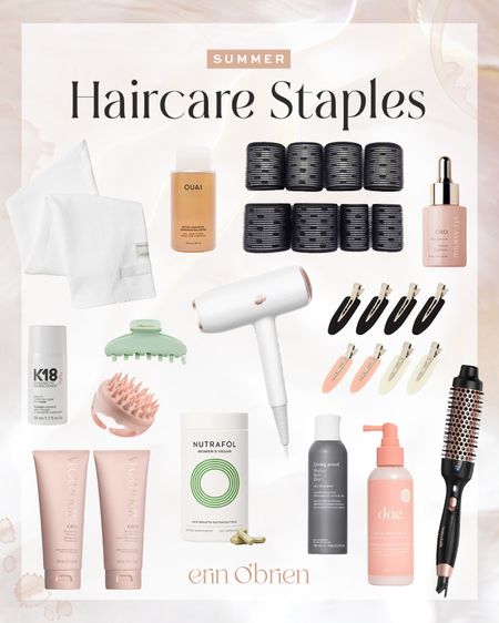 Summer Haircare Staples | thermal heated round brush, vegamour shampoo and conditioner, velcro rollers, creaseless clips, dry shampoo, hair drying towel wrap, green claw clip 

#LTKBeauty