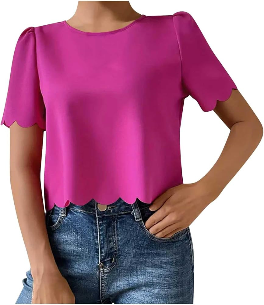 Mzkdieey Women's Scallop Trim Short Sleeve Tops Casual Keyhole Back Blouse Solid Color Loose Fit ... | Amazon (US)