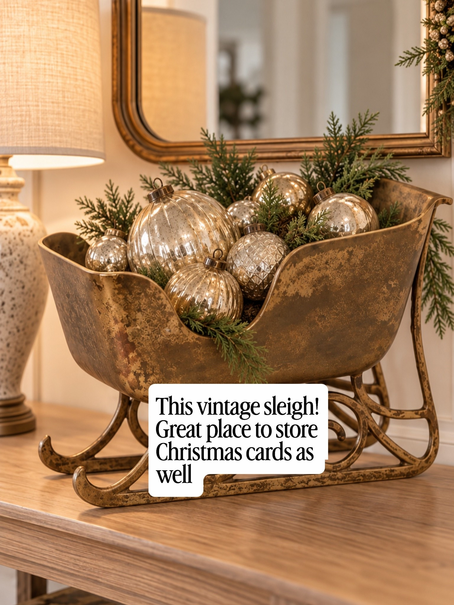 This antique-inspired sleigh is such a pretty way to add a little vintage Christmas charm 🤎✨ I filled mine with mercury glass ornaments and a few faux evergreen sprigs for the coziest holiday centerpiece.

I love pieces like this because they can be styled so many ways—from a console table to a mantel or dining room centerpiece.

#LTKHome #LTKSeasonal