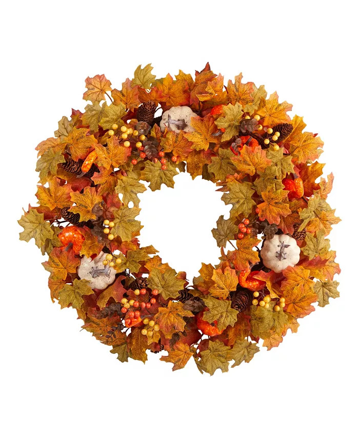 30" Autumn Pumpkin and Maple Leaf Artificial Fall Wreath | Macy's