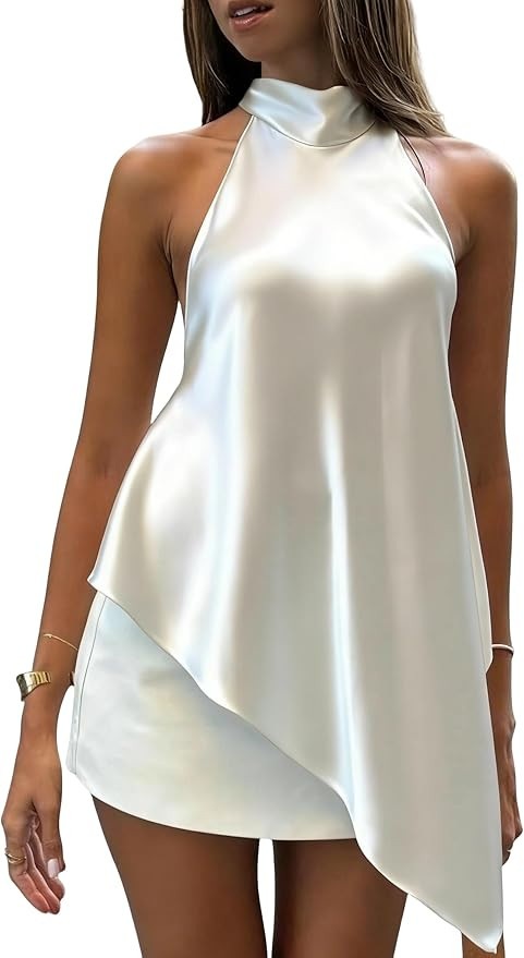 Women Y2k Satin Halter Neck Top Sexy Open Back Silk Tank Top Asymmetrical Camisole Going Out Stre... | Amazon (US)
