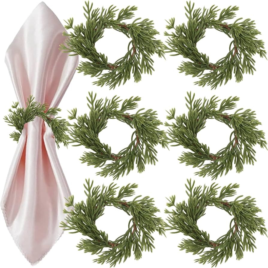 6 Pcs Christmas Napkin Rings Green Artificial Pine Handmade Holiday Wreath Candle Napkin Rings Ho... | Amazon (US)