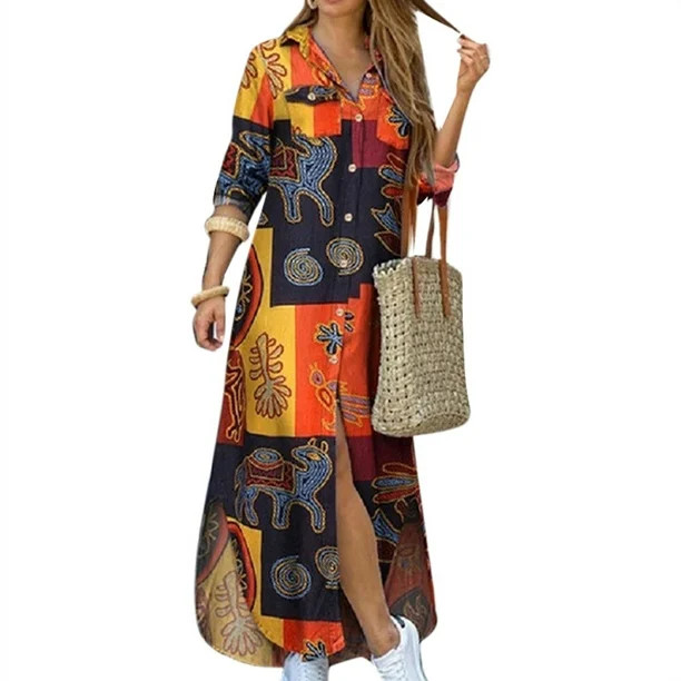 Dresses for Women Button Boho Long Dress Ladies Elegant Shirt Dresses Vintage Tie Dye Printing T-... | Walmart (US)