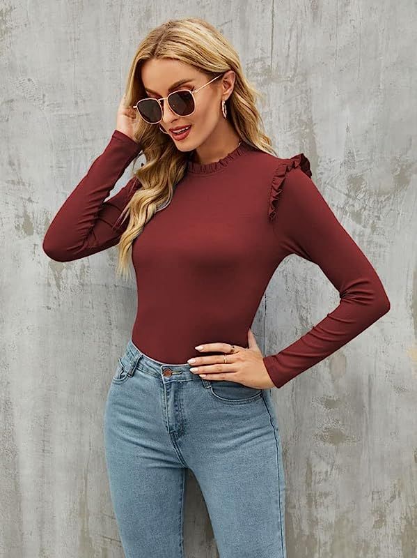 Womens Long Sleeve Bodysuit Stand Collar Slim Fit Frilled Ruffles Shoulder Keyhole Ribbed Leotards T | Amazon (US)