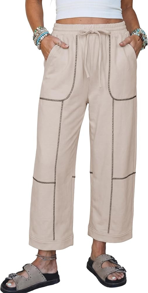 Womens Cropped Wide Leg Pants Drawstring Elastic High Waist Sweatpants with Pockets | Amazon (US)