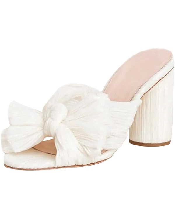 MICIFA Women's Bow Heeled Sandals Slip On Open Toe Block Chunky Heel Sandals Bride Wedding Dress ... | Amazon (US)